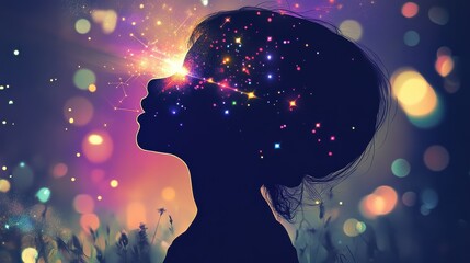 Aufkleber - Child's glowing silhouette bursting with colorful cosmic imagery in a dreamlike atmosphere at twilight