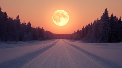 Poster - Serene winter landscape with a large moon in the sky, a snow covered road through a pine forest at sunset.