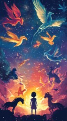 Leinwandbilder - Child experiencing a magical moment with glowing mythical creatures in a vibrant fantasy landscape at twilight
