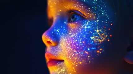 Aufkleber - Child's face illuminated with colorful lights creating a magical and enchanting atmosphere during an evening celebration