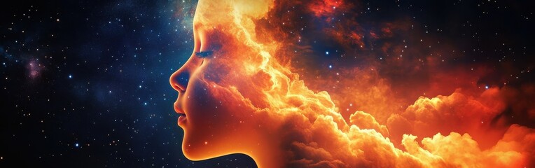 Poster - Child's face illuminated by vibrant cosmic colors with a backdrop of swirling clouds and starlit sky