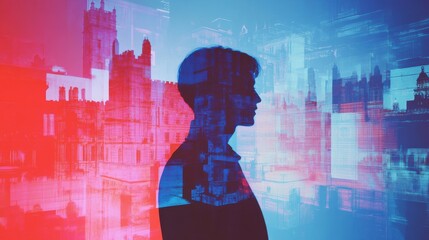 Aufkleber - Vibrant double exposure showcasing market trends with urban cityscape backdrop during twilight hours