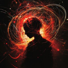Poster - Person surrounded by swirling lines and abstract shapes generating vibrant energy in a dark space. Generative AI