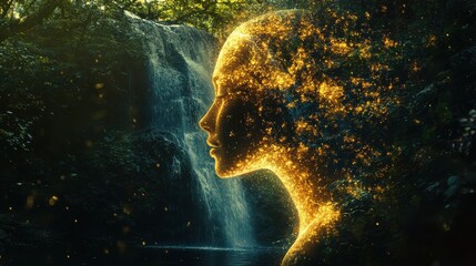 Aufkleber - Surreal glowing representation of a woman surrounded by a serene waterfall and lush forest during twilight