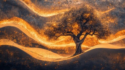 Poster - Surreal portrait of a glowing tree surrounded by wavy light patterns at twilight