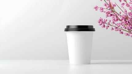 Sticker - White Coffee Cup Mockup with Pink Flowers on White Background