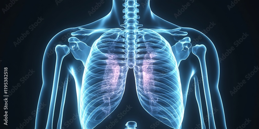A detailed x-ray image of the human ribcage and upper body, showing the ...