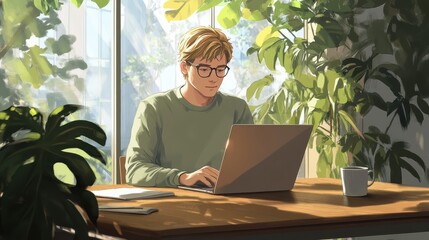 Poster - Young man working in a bright and serene workspace surrounded by greenery during the day