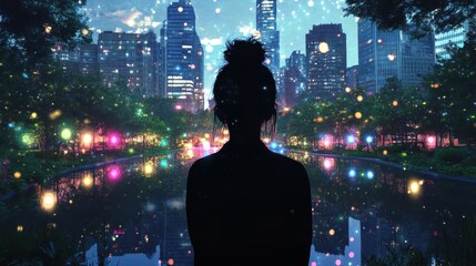 Poster - Silhouette of a woman gazing at a shimmering cityscape during twilight hours by a tranquil waterway