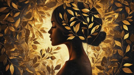 Poster - Woman surrounded by golden leaves in a tranquil setting radiates peaceful energy and beauty during sunset hours