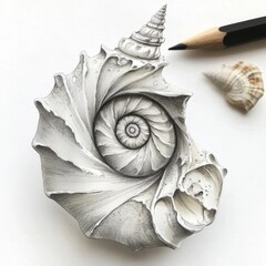 Poster - Illustration of a detailed seashell with intricate spiraling patterns and additional seashells nearby