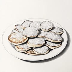 Poster - Delicious mini pancakes piled high and topped with powdered sugar on a white plate