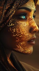 Aufkleber - Mystical visualization of a woman's face adorned with intricate golden patterns and glowing blue eyes in an enchanting setting