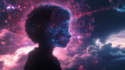 Leinwandbilder - Mystical visualization of a child's silhouette surrounded by vibrant abstract elements in a cosmic landscape