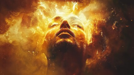 Fototapete - Mystical visualization of a woman's face surrounded by vibrant flames and ethereal light in a dreamlike atmosphere