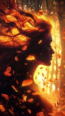Poster - Mystical silhouette of a woman surrounded by autumn leaves in a forest at sunset
