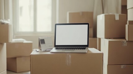 Aufkleber - Modern workspace setup with laptop on cardboard box surrounded by moving boxes in bright, airy room