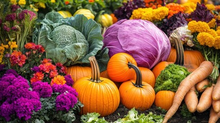 Aufkleber - Lush vegetable garden featuring vibrant rows of carrots, cabbages, and pumpkins in full bloom during a sunny afternoon. Generative AI