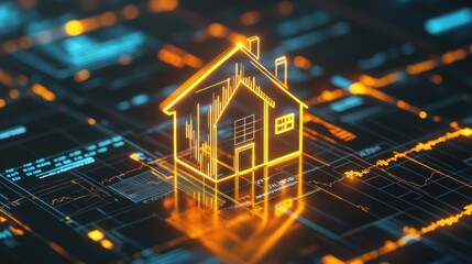 Poster - Glowing home icon interconnected with financial data design in a digital landscape