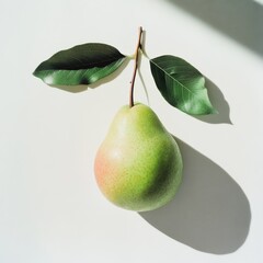 Poster - Fresh green pear with a soft blush of red and leaves captured in natural light