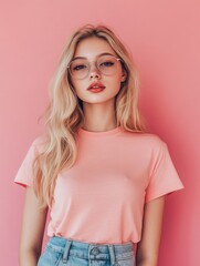 Wall Mural - Woman with Glasses and Pink Shirt