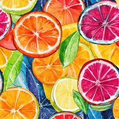 Poster - Vibrant watercolor doodle of assorted citrus fruits arranged with colorful leaves on a blue background