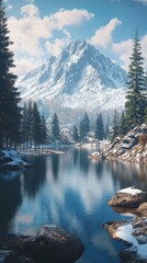 Poster - Tranquil lake surrounded by snow-covered mountains and evergreen trees during a sunny day in winter