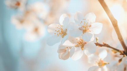 Poster - Delicate white cherry blossoms bloom against soft blue background, evoking tranquility and beauty