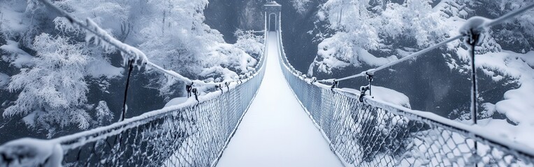 Poster - Snow-covered suspension bridge connecting two forested cliffs in a tranquil winter landscape