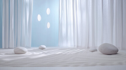 Poster - serene interior scene featuring smooth stones on white sand, with soft curtains and light blue walls creating calming atmosphere