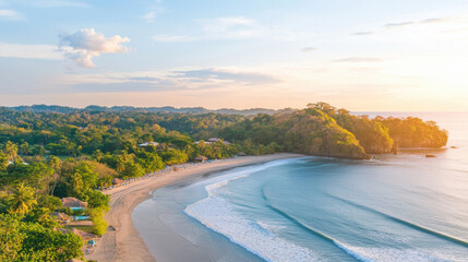 Poster - serene beach landscape with gentle waves, lush greenery, and sunset sky