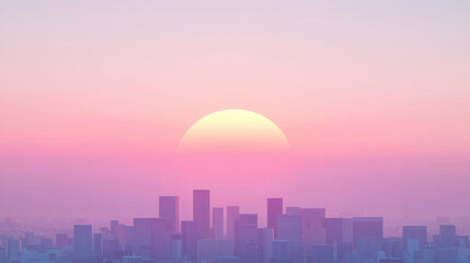 Poster - serene sunset over city skyline, with pastel colors blending beautifully