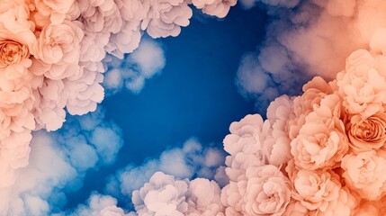 Wall Mural - Peach-colored flowers frame a vibrant blue sky, creating a dreamy, romantic atmosphere. Soft, fluffy clouds add to the ethereal feel.