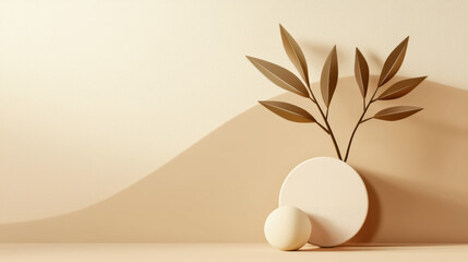 Poster - Minimalist decor with circular shapes and plant elements in neutral tones