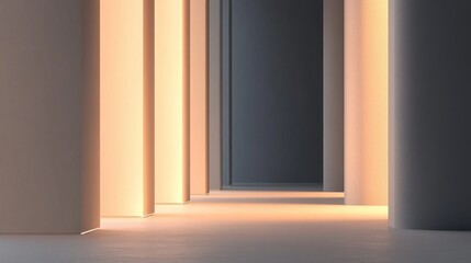 Poster - Elegant hallway with gradient lighting transitioning from muted tones to soft hues in a contemporary space