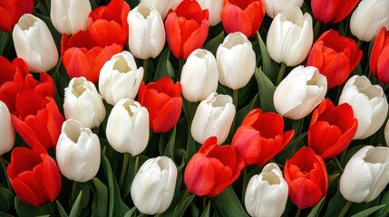 Wall Mural - Vibrant red and white tulips in full bloom create stunning floral display