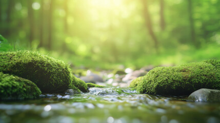 Poster - serene forest stream flows over moss covered rocks, surrounded by lush greenery and soft sunlight filtering through trees