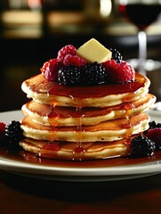 Poster - Fluffy pancake stack with fresh berries and syrup served in a cozy dining setting at breakfast time