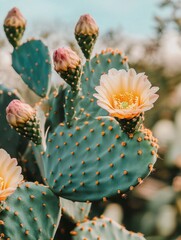 Poster - Close-up view of a blooming cactus flower with vibrant colors and budding blooms in a natural setting during daylight