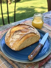 Poster - Rustic sourdough bread on a blue plate beside a jar of yellow spread in a sunny outdoor setting