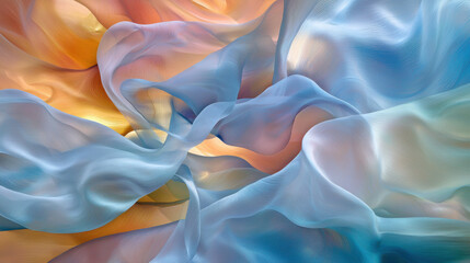 Aufkleber - Soft flowing fabric in pastel colors of blue, orange, and yellow creates serene and dreamy atmosphere
