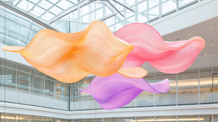 Aufkleber - Colorful flowing fabric installation in modern atrium space, creating serene atmosphere