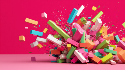 Aufkleber - Colorful blocks exploding against vibrant pink background, creating dynamic visual impact