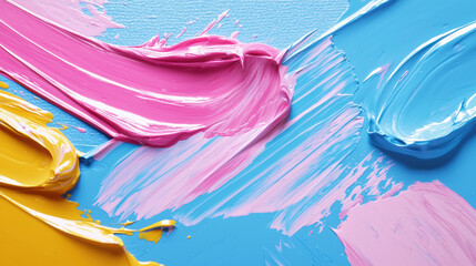 Aufkleber - Vibrant paint strokes in pink, blue, and yellow create colorful abstract design. texture and blend evoke creativity and artistic expression