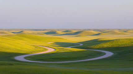 Poster - Winding road through lush green hills under clear sky at sunset
