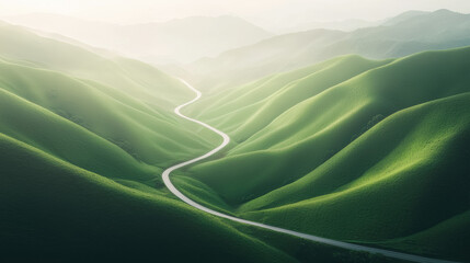 Poster - Winding road through lush green hills under soft sunlight, serene landscape