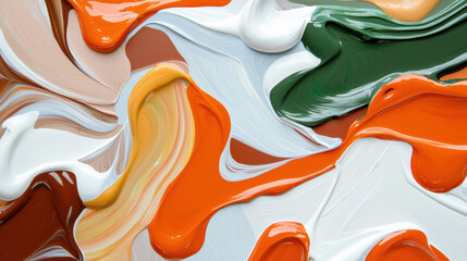Aufkleber - Colorful abstract paint swirls create vibrant and dynamic texture. mix of orange, white, green, and brown evokes creativity and artistic