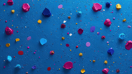 Aufkleber - Colorful paint splatters on vibrant blue background create artistic scene. lively hues evoke creativity and joy
