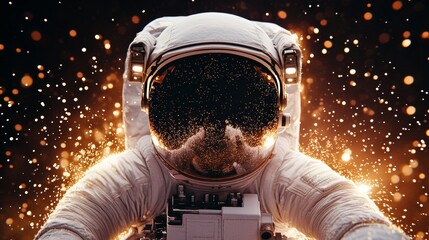 Wall Mural - Astronaut in space suit surrounded by golden sparks. A captivating image of space exploration.