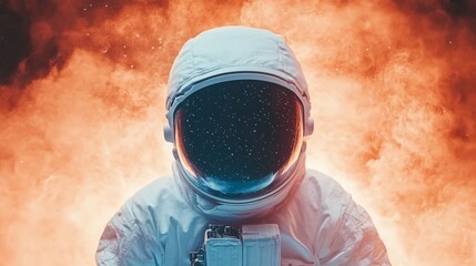 Wall Mural - Astronaut facing forward against a fiery orange and smoky background.  Space exploration, mystery.